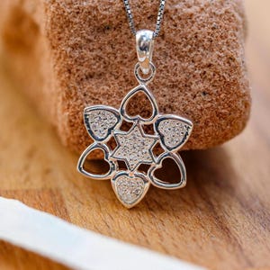 Star of David Necklace, 925 Sterling Silver Heart Shaped Magen David Necklace With Diamond CZ, Magen David Pendant Israeli Love Design