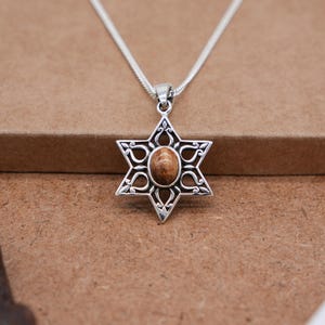 925 Sterling Silver Star of David Pendant with Natural Wood from Jerusalem, Handmade Silver Jewish Necklace with Holy Land Olive Tree wood
