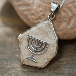 Jerusalem Stone Pendant Jewish Menorah Design, Sterling Silver Judaical Necklace for Woman, Sacred Jewelry Israel Jewish Gift for Girl