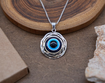Evil Eye Protection Silver Pendant, 925 Sterling Silver Eye Symbol Necklace, Blue Eye Glass Ethnic Protection Pendant gift for woman