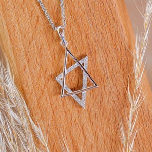 Silver and CZ Star of David Necklace, Abstract Magen David Pendant for Woman, Modern Contemporary Style Judaica Jewelry, Israeli Design Gift