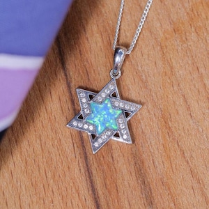 Star Of David Necklace, 925 Sterling Silver Magen David Judaica Pendant, Blue Opal and CZ David Star Silver Necklace Jewish Gift for woman
