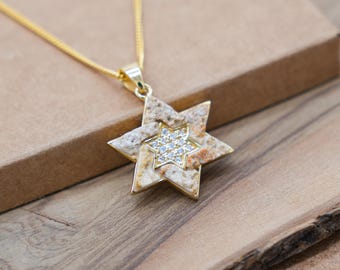 Gold Magen David Pendant with Jerusalem stone and Diamond cz stones, Sterling Silver 18K Gold-Plated Jerusalem Stone Star of David Pendant