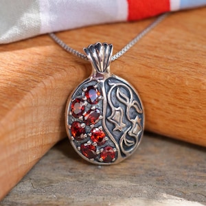 Silver Jewish Pendant, Pomegranate Necklace with Garnet Stones Ethnic design Pomegranate Pendant with Red Stones, Jewish Gift from Israel