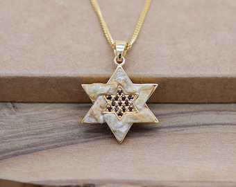 Gold Star of David Pendant with Jerusalem stone and Garnet cz, 925 Sterling Silver 18K Gold Plated Magen David Necklace, Gift from Israel