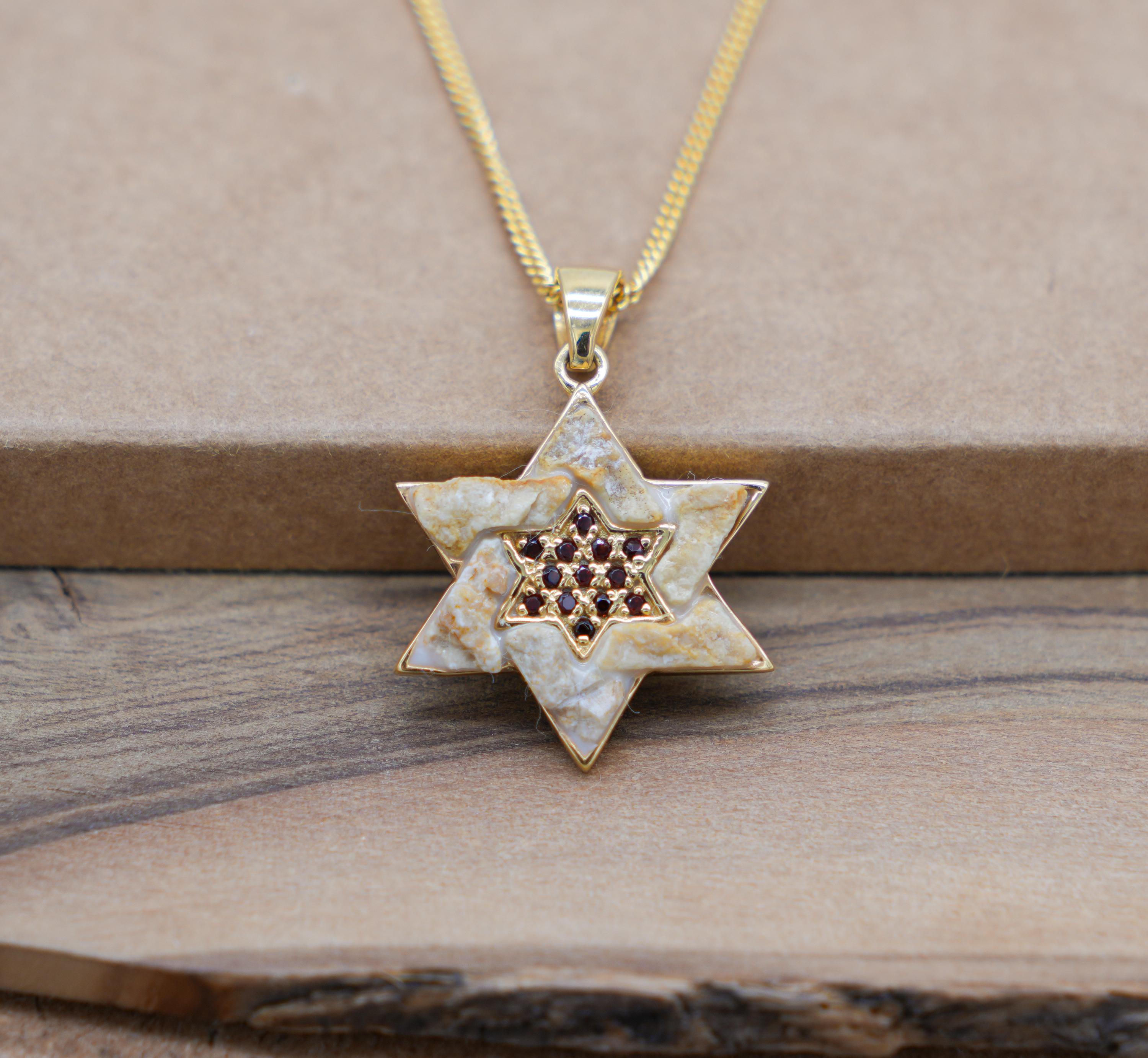 Gold Star of David Pendant with Jerusalem stone and Garnet cz, 925 Sterling Silver 18K Gold Plated Magen David Necklace, Gift from Israel