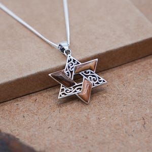 Magen David Silver and Wood Pendant, Handmade Judaica Necklace with Olive Tree wood from Jerusalem, Star of David Holy Land Wood Necklace