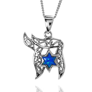 Silver Hebrew Chai Necklace, Blue Opal Ethnic Jewish Necklace for Woman, Judaica Gift from Israel, Magen David Pendant Star of David Pendant