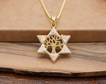 Gold Tree of Life Star of David Necklace with Jerusalem Stone, Tree of Life Pendant with Stone from Holy Land, Silver and 18K Gold Plating