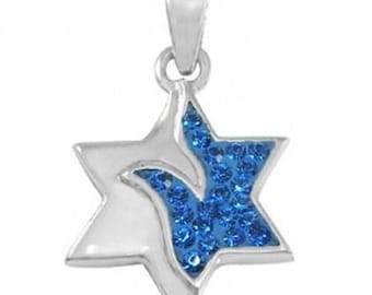May include: A silver-toned Star of David pendant featuring a smooth metallic finish on one side and a cluster of small, vibrant blue crystals embedded in a curved section on the other side, complete with a simple silver-toned bail at the top.