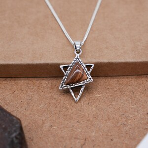 Sterling Silver Star of David Pendant with Olive Tree Wood from Jerusalem, Handmade Judaica Magen David Necklace with Wood from Holy Land