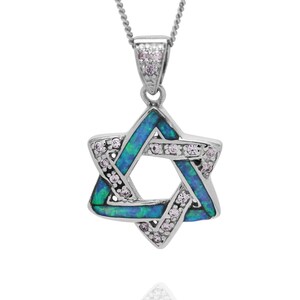 Blue Star Of David Necklace, 925 Sterling Silver Pendant with Blue Opal and Diamond CZ, Israeli Jewelry Judaica Necklace for Jewish Woman
