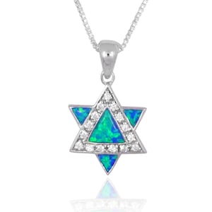 Silver Star Of David Necklace, Magen David Judaica Jewelry for woman, 925 Sterling Silver Blue Opal and CZ David Star - Contemporary Design