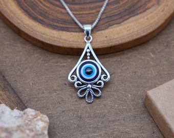 Sterling Silver Eye Necklace ethnic design, Evil Eye Protection Silver Pendant for women, Blue Eye Glass Ethnic Protection Amulet