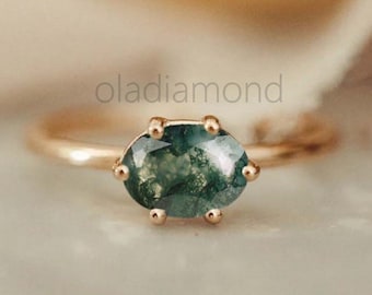 14K Gold Natural Moss Agate Ring, Solitaire Engagement Ring Oval Cut Moss Agate Anniversary Ring East West Engagement Ring Silver Moss Ring