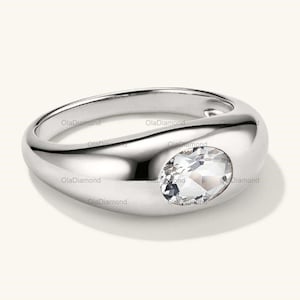14k Moissanite Dome Ring, Oval Moissanite Ring, 14k Gold Oval Moissanite Ring, Silver Dome Ring, Unique Dome Ring Inset Moissanite Dome Ring