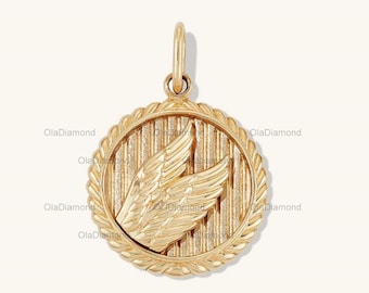 Colgante de moneda alada de oro de 14 k, collar de alas de ángel de oro macizo, colgante de alas de ángel personalizado, colgante de alas, dije de ángel
