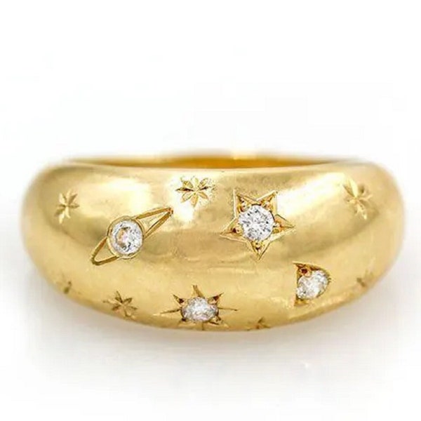 14K Solid Gold Star Dome Ring, Moissanite Silver Star Dome Ring, Starburst Ring, Star Signet Ring, Mother's Day Gift, Valentine's Day Gift