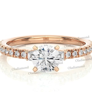 Round Cut Moissanite Engagement Ring With Tapered Baguette Diamond, Anniversary Gift, Vintage Ring, Art Deco 14k Gold Diamond Wedding Ring