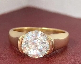 Half Bezel Solitaire Round Moissanite Engagement Chunky Ring 18K White Gold Statement Wedding Band Sterling Silver Promise Diamond Gift Ring