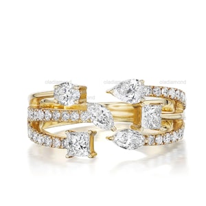 14K Yellow Gold Multi Moissanite Diamond Three Row Open Ring Multi Diamond Wedding Ring Open Wedding Band Wide Open Diamond Engagement Ring