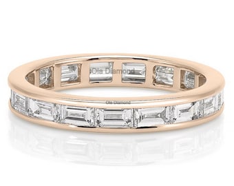 14K Gold Baguette Moissanite Diamond Band Baguette Wedding Band Full Eternity Stackable Ring Available in White, Yellow, Rose Gold & Silver