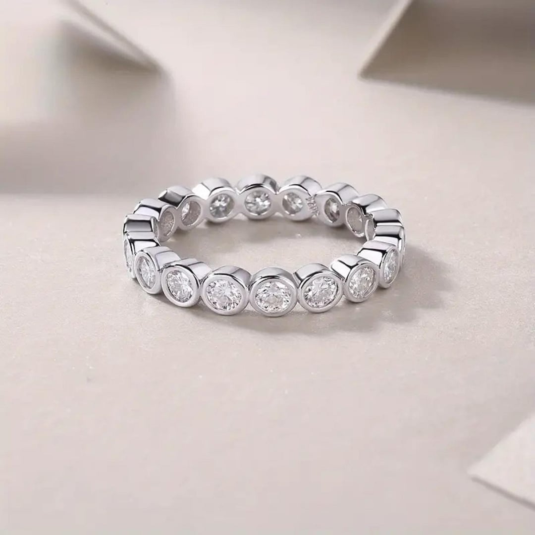 Round Cut Lab Grown Diamond Bezel Set Full Eternity Band Wedding Band ...