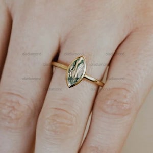 14K Gold Natural Moss Agate Statement Ring, Moss Agate Marquise Ring, Silver Moss Agate Ring, Bezel Engagement Ring Anniversary Promise Ring