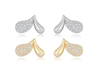 モアッサナイト ハート ペイズリー スタッドピアス：10k/14k/18k ゴールドまたはスターリングシルバー