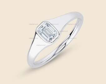 Emerald Cut Moissanite Signet Ring: Solid Gold or Silver Statement Ring