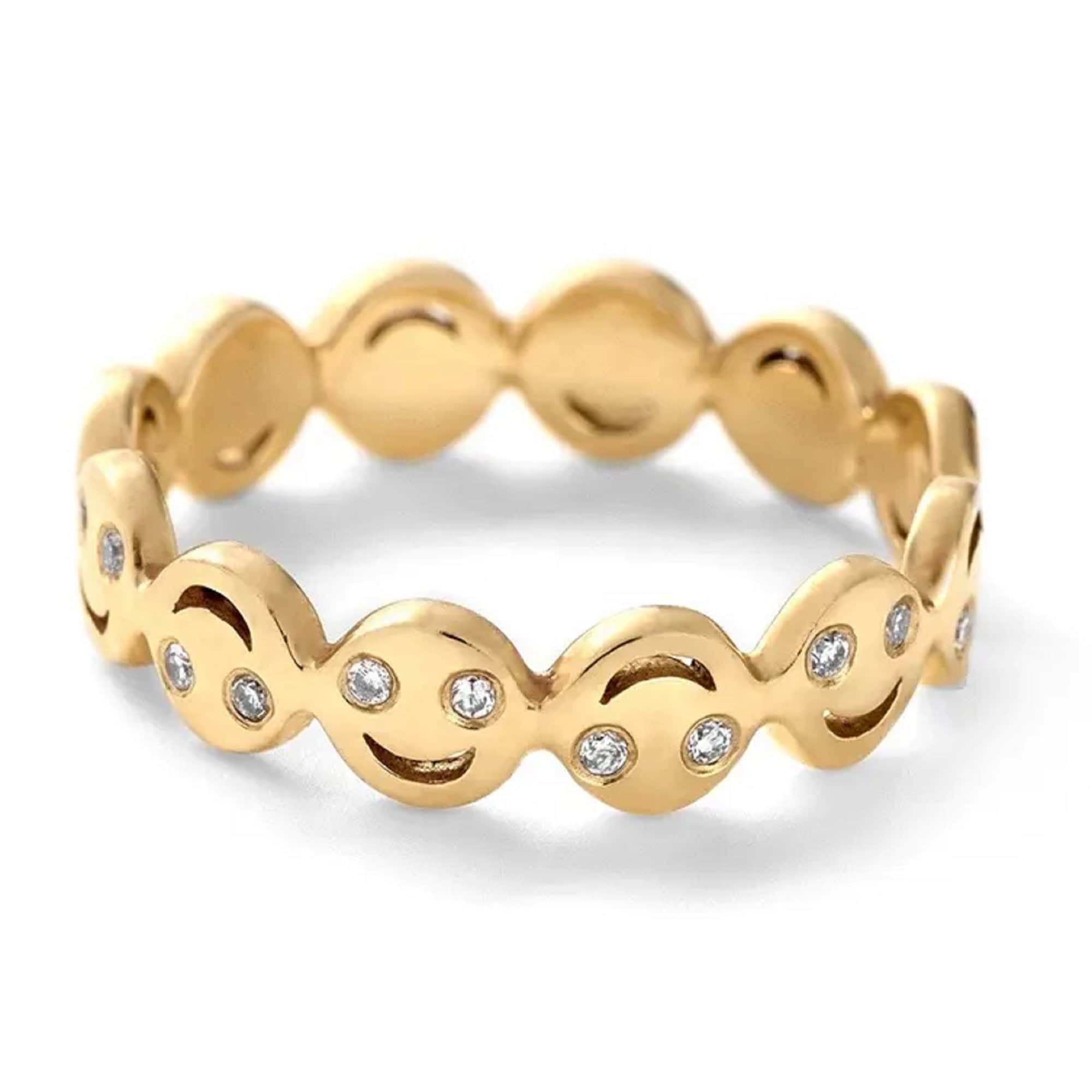 All Happy Ring, 18K Solid Gold Moissanite Smiley Ring, Eternity Smiley Band, Sterling Silver Smiley Face Ring, Birthday Gift, Summer Rings