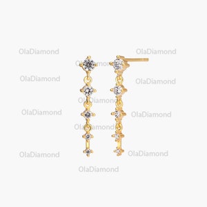 Auténtico conjunto de moissanita de corte redondo en oro macizo, pendiente recto y elegante, pendiente de boda delicado de moissanita, pendientes de cadena colgantes
