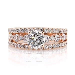 Unique Beautiful & Amazing Solitaire With Accent Three Row Diamond Wedding Ring 14K Rose Gold Vintage Style Round Moissanite Engagement Ring