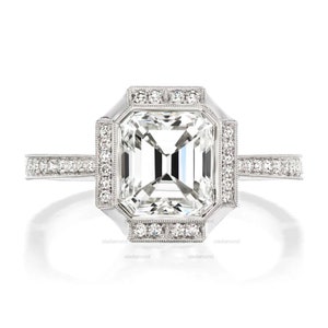 Art Deco Moissanite Diamond Ring in Solid White Gold, 2CT Emerald Cut Ring With Accents, Halo Wedding Ring, Vintage Emerald Cut Diamond Ring