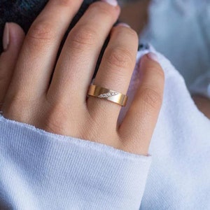 14K Gold Moissanite Flat Wedding Ring, Stackable Jewelry, Statement Band, Sterling Silver Wedding Band, Wide Band Ring, Gift For Him & Her