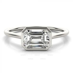 Emerald Cut Bezel Set Moissanite Ring, East West Emerald Cut Engagement Ring, 14K White Gold Anniversary Gift Ring Solitaire Engagement Ring