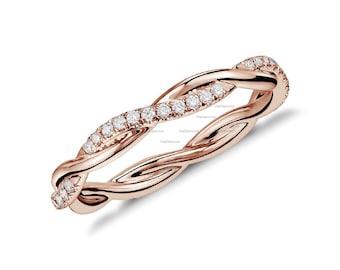 Twisted Lab Grown Diamond Ring, Infinity Diamond Ring, Lab Grown Diamond Wedding Band, 14K Solid Rose Gold Ring, Twist Diamond Eternity Ring