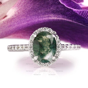 Natural Moss Agate Wedding Ring Halo Oval Shaped Gold Moissanite Ring Silver Ring Delicate Ring Anniversary Ring for Women Birthstone Ring