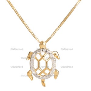 Collier à pendentif tortue inspiré de l&#39;océan, or massif 14 carats, moissanite ronde, symbole de sagesse, de protection et de longévité, pendentif cadeau nature