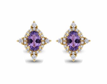 Art Deco Amethyst Halo Stud Earrings Solid Gold Oval Amethyst Moissanite Accent Vintage Inspired Fine Jewelry Gift