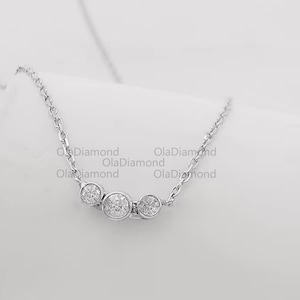 3 Stones Bezel Set Round Moissanite White Gold Pendant Chain Minimalist Necklace Bezel Moissanite Chain Pendant Necklace 925 Sterling Silver