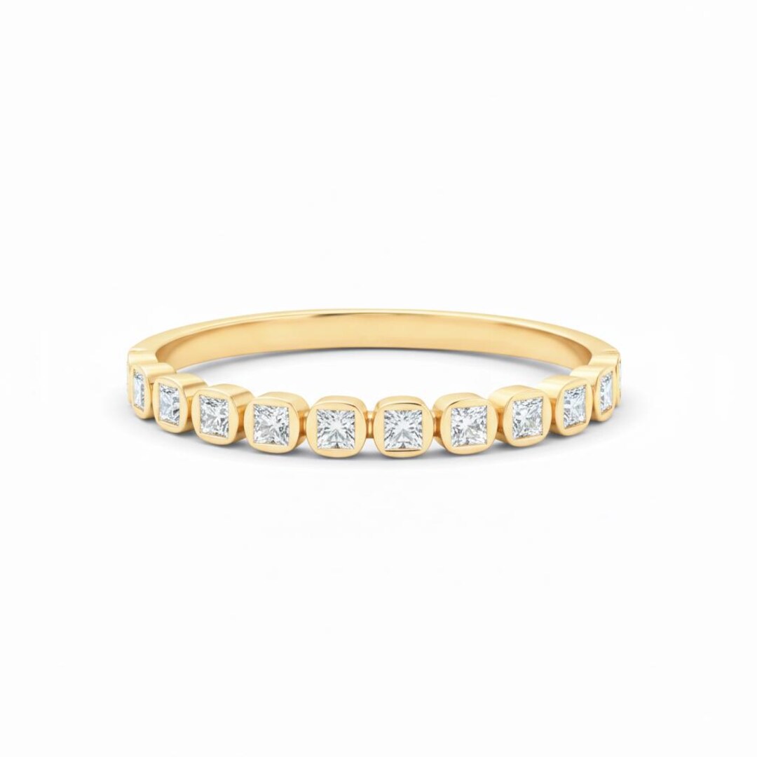 14k Princess Cut Moissanite Bezel Set Wedding Band Dainty Half Eternity ...