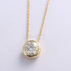 1.50 Ct. Round Moissanite Bezel Set 14k Solid Gold Drop Round Moissanite Chain Minimal Necklace, 925 Sterling Silver Necklace, Gift For Her.