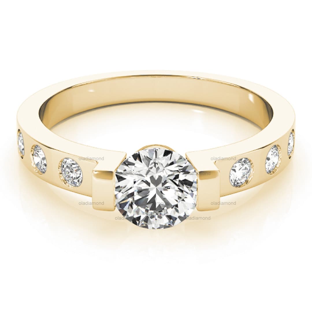 14k Solid Yellow Gold Round Moissanite Ring Designer Wedding Ring Half ...