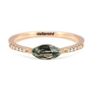 East West Engagement Ring, 14K Gold Moss Agate Wedding Ring, Marquise & Diamond Engagement Ring, Anniversary Ring, Silver Moss Agate Ring