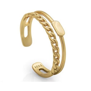 Open Link Chain Double Band Ring, 14k Gold Plated Open Signet Double Band Ring, 10k Gold Signet With Link Chain Band Ring, Anniversary Gift