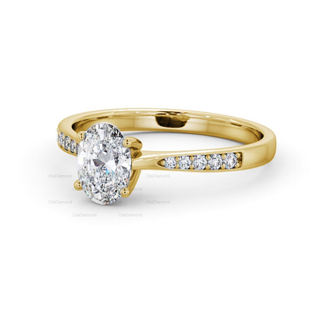 14k Solid Gold Oval Cut Moissanite Engagement Ring, Delicate Moissanite ...
