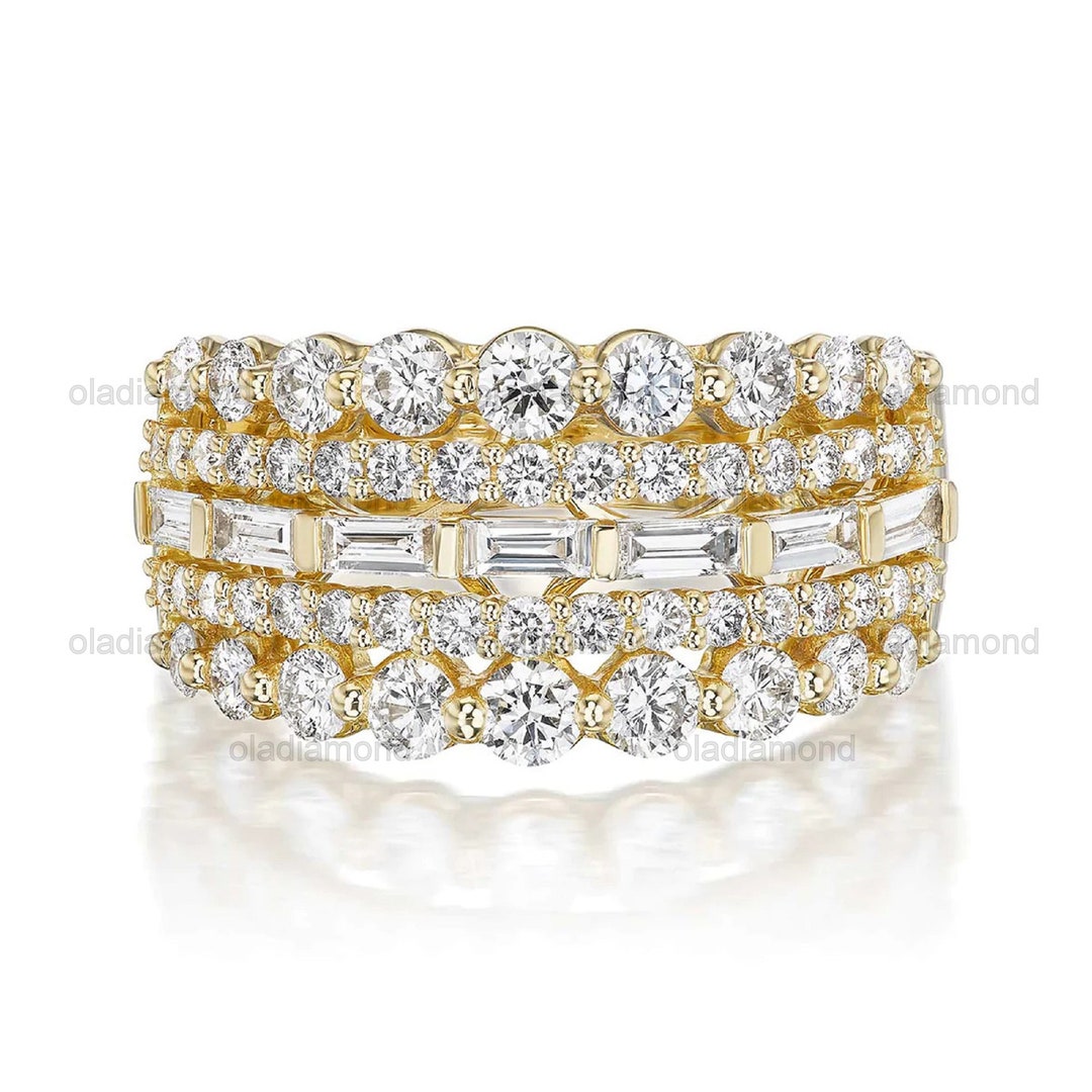 14K Solid Gold Multi Row Moissanite Lab Diamond Half Eternity Band ...
