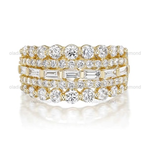 Moissanite Multi Row Half Eternity Engagement Band 14K Gold Baguette & Round Diamond Wedding Ring Moissanite Wide Band Thick Stacking Ring