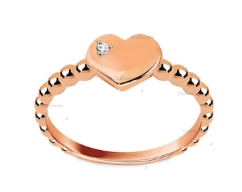 14K Gold Heart Ring with Moissanite Diamond, Sterling Silver Ball Bead Stacking Ring